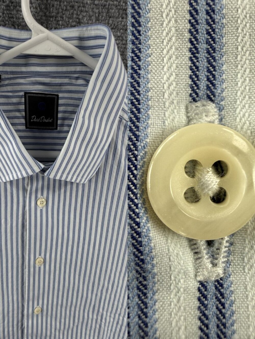David Donahue Striped Cotton 18 34/35 Blue Pocket Long Sleeve Office Button Up